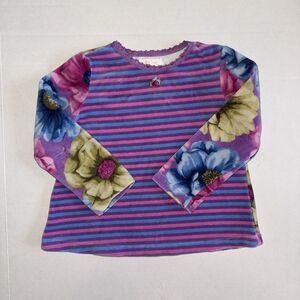 Vintage Kids Girls 3T Baby Lulu Poppies Floral And Striped Long Sleeve Shirt